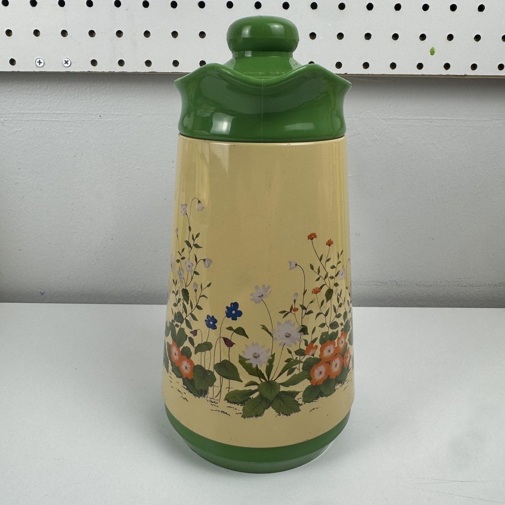 Vintage Interpur‎ Floral Vacuum Flask Beige Green Insulated Thermos Carafe - Picture 2 of 15